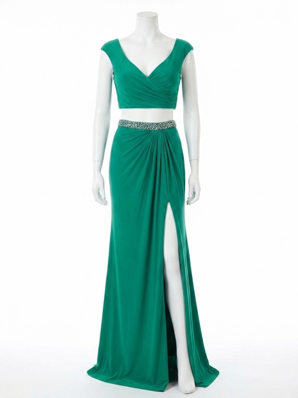 NEW MAC DUGGAL two-piece gown with high slit in emerald